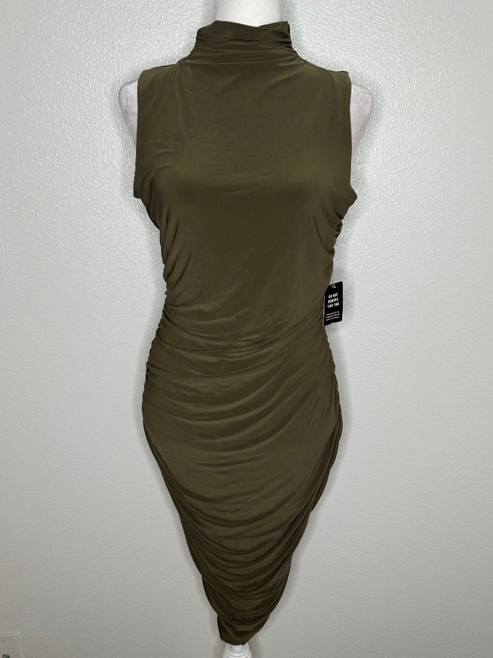 New Express Womens Olive High Neck Ruched Bodycon Sleeveless Midi Dress Size M